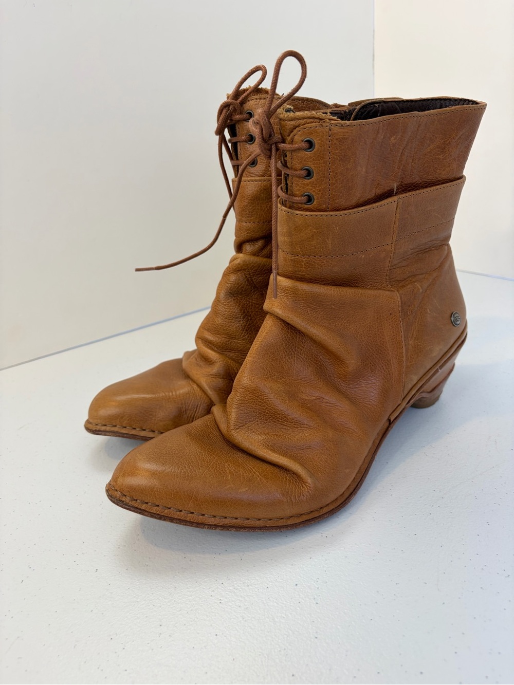 Neosens Brown Leather Ankle Boots Shoes Womens 41 10 Lace Up Kitten Heel Boho